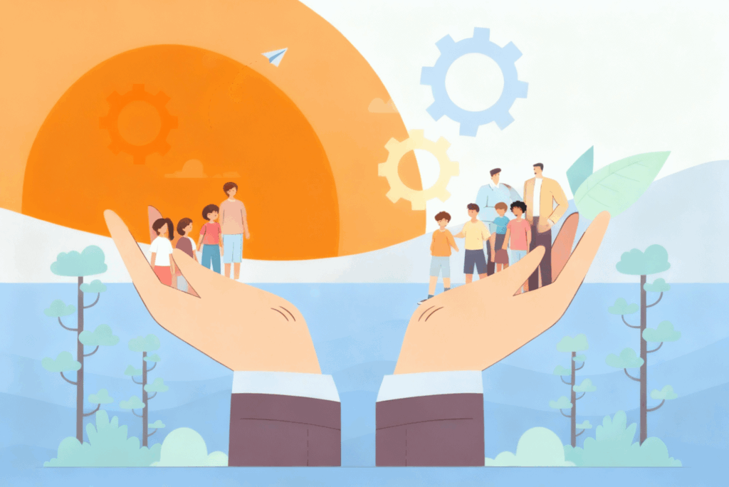 Illustration von zwei großen Händen, die aus einer blauen Landschaft mit Bäumen hervorragen und jeweils Gruppen von Menschen tragen – links vier, rechts sechs Personen. Im Hintergrund ist eine orangefarbene Sonne mit Zahnradsymbolen sowie ein Papierflieger, der in Richtung Sonne fliegt. Das Bild vermittelt die Themen Unterstützung, Gemeinschaft und Nachhaltigkeit.