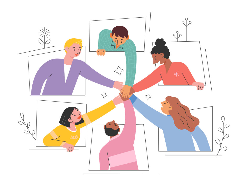 Illustration von sechs Personen, die jeweils aus separaten Rahmen herausgreifen und in der Mitte ihre Hände übereinanderlegen. Die Gruppe zeigt ein Gefühl von Zusammenhalt und Teamwork. Im Hintergrund befinden sich einfache grafische Linien und Pflanzenmotive.