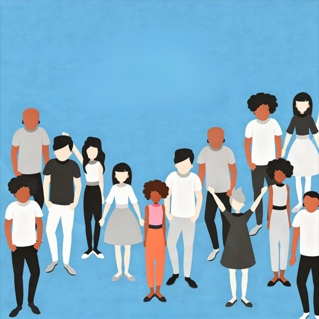 Flache Illustration einer Gruppe von Menschen, die über die gesamte untere Bildhälfte verteilt stehen. Die Figuren sind stilisiert und unterschiedlich groß angeordnet. Die meisten Personen sind in Grautönen dargestellt, während eine zentral platzierte Person in der Mitte in Farbe hervorgehoben ist und sich dadurch visuell abhebt. Der Hintergrund ist ein einheitliches, leicht kräftiges hellblau ohne Muster oder Details.