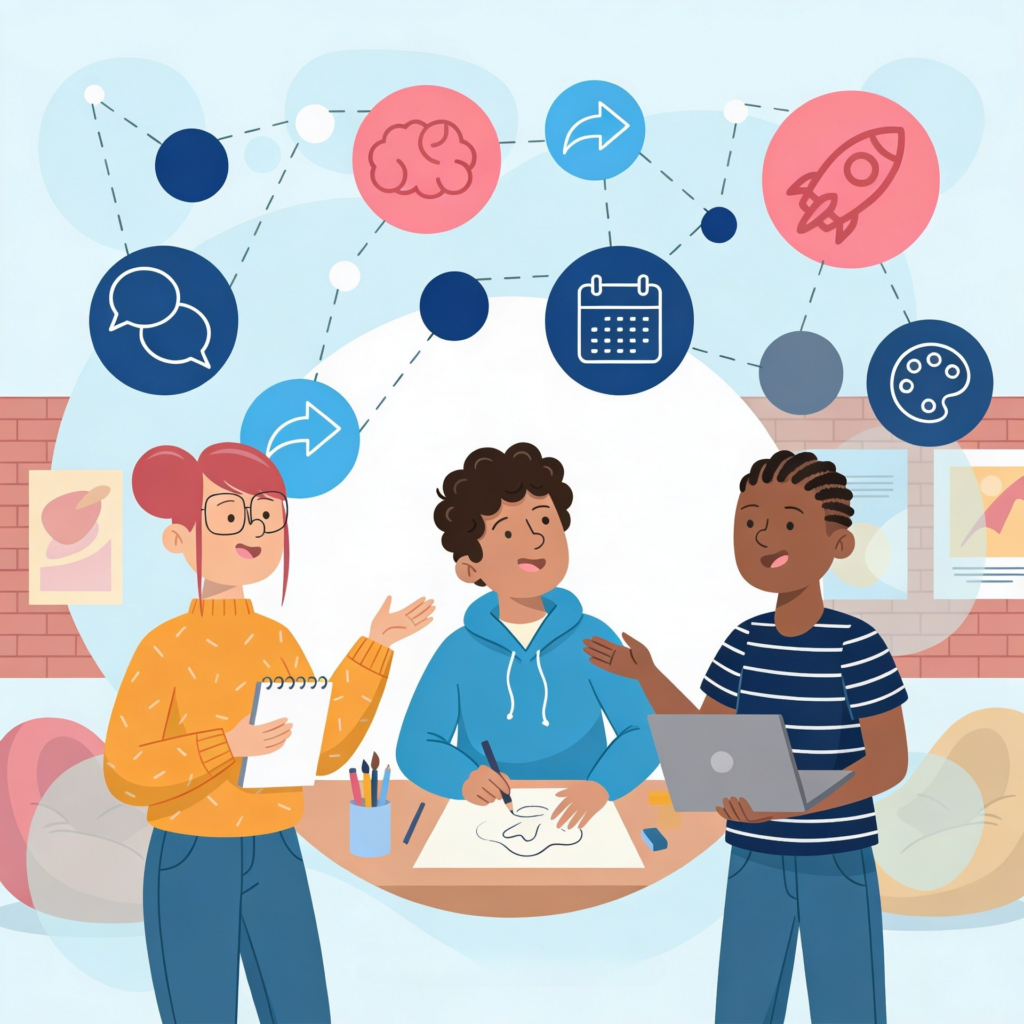Illustration von drei Personen, die gemeinsam an einem Tisch arbeiten. Eine Person hält einen Notizblock, eine andere zeichnet auf Papier, während die dritte ein Laptop benutzt. Über ihnen sind verbundene Symbole wie Sprechblasen, Gehirn, Pfeil, Rakete, Kalender und Farbpalette dargestellt, die Ideenentwicklung, Kommunikation und Kreativität visualisieren. Der Hintergrund zeigt eine stilisierte Arbeitsumgebung mit weich gehaltenen Farben.