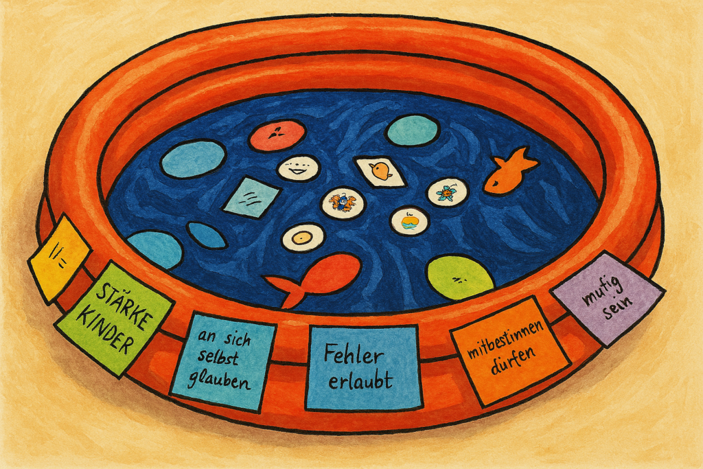 Illustration einer großen, runden Schale mit blauem Inhalt, die wie ein Teich oder Wasserbecken wirkt. Darin schwimmen mehrere bunte Formen und Symbole, darunter verschiedene Fische in Orange und Rot sowie kleine Kärtchen mit Zeichnungen wie ein lächelndes Gesicht, ein Vogel und weitere einfache Symbole. Der Rand der Schale ist breit und orange-rot gestaltet. Entlang dieses Randes sind mehrere farbige Zettel angebracht, auf denen gut lesbare handgeschriebene Worte stehen. Die Zettel enthalten die Begriffe: „STARKE KINDER“, „an sich selbst glauben“, „Fehler erlaubt“, „mitbestimmen dürfen“ und „mutig sein“. Die Darstellung ist farbenfroh und wirkt wie eine kindgerechte Zeichnung. Die Elemente im Inneren der Schale sind locker verteilt und erinnern an Spiel- oder Lernsymbole, während die Beschriftungen am Rand wichtige Eigenschaften und Werte für Kinder hervorheben.