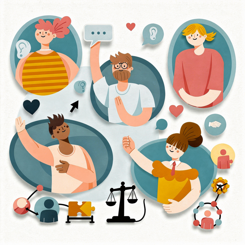 Bunte Illustration mit mehreren stilisierten Personen in runden Rahmen. Eine Person hebt die Hand und spricht, daneben sind Symbole wie Ohren, Sprechblasen und Herzen zu sehen. Weitere Symbole zeigen Zusammenarbeit, Verbindung und eine Waage als Zeichen für Gerechtigkeit. Die Szene steht für Kommunikation, Zuhören und soziale Interaktion.