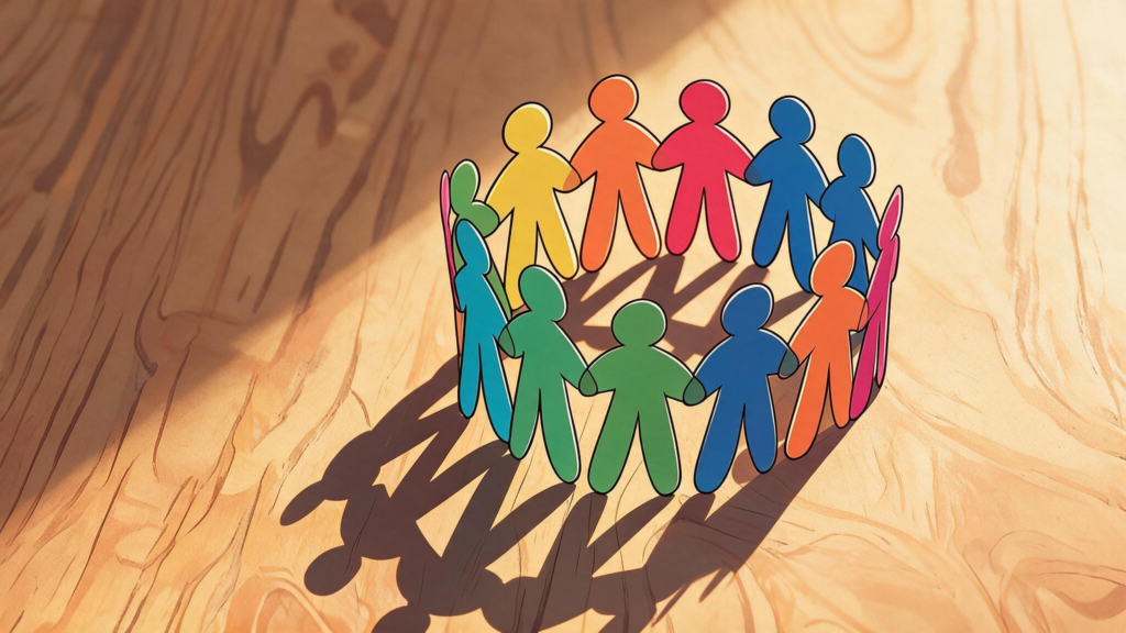 Bunte Papierfiguren in Grün, Gelb, Orange, Rot, Blau und Pink stehen auf einer hellen Holzoberfläche im Kreis und halten sich an den Händen. Das warme Sonnenlicht erzeugt lange Schatten, die sich nach außen über die Holzmaserung erstrecken. Die Darstellung symbolisiert Gemeinschaft, Zusammenhalt, Vielfalt und Zusammenarbeit.